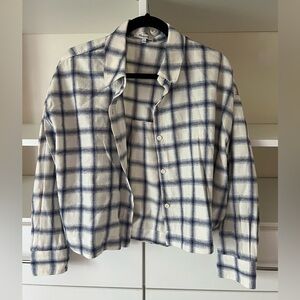 Madewell Women’s Crop Button Down, Size L, Natural with Navy Pattern